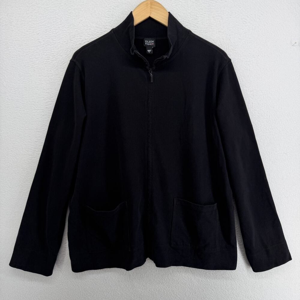 EILEEN FISHER Jacket L Heavy Brushed Jersey Cotton Turtleneck Full Zip Black
